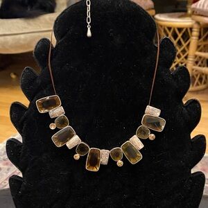 VTG Brown and Silver Geometric tiger eye stones & rhinestone on metal Necklace
